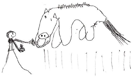 馬に餌をあげているところが描かれた絵